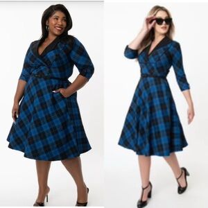 Rare NWOT Unique Vintage Trudy Dress Blue & Black Plaid Tartan